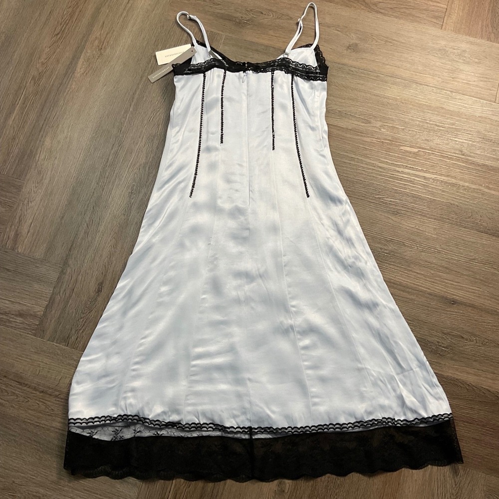 NWT By Anthropologie Satin Lace Trim Slip Midi Bow Dress Womens 00 Blue Coquette - Picture 2 of 12